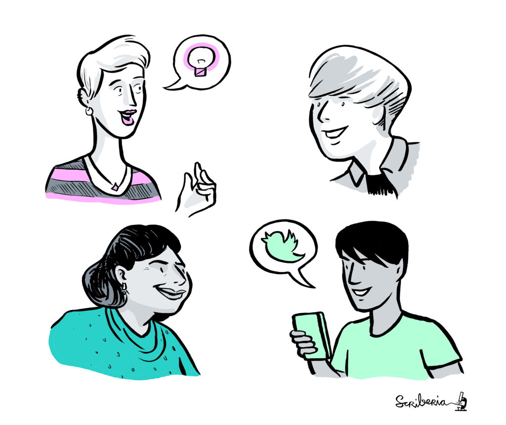 4 people with diverse appearances are talking to each other, sharing ideas directly with each other and also sharing on social media.